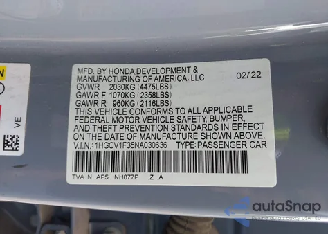 2022 Honda Accord Sport из США, поврежденный, VIN 1HGCV1F35NA030636